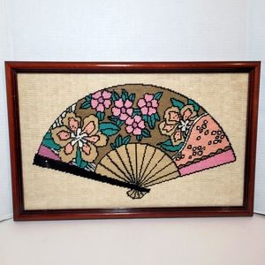 Vintage Handmade Framed Needlepoint Fan with Flowers 🌸